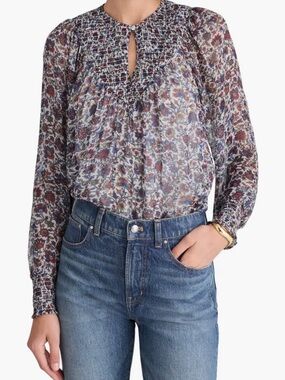 Madewell Smocked Split Crewneck Top Cherry Red Small